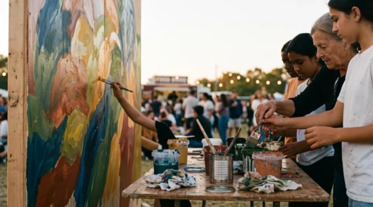 Un groupe de bénévoles et de participants de tous âges peignant ensemble une fresque murale collective lors d'un événement culturel solidaire, symbolisant le lien social créé par le partage et le don.