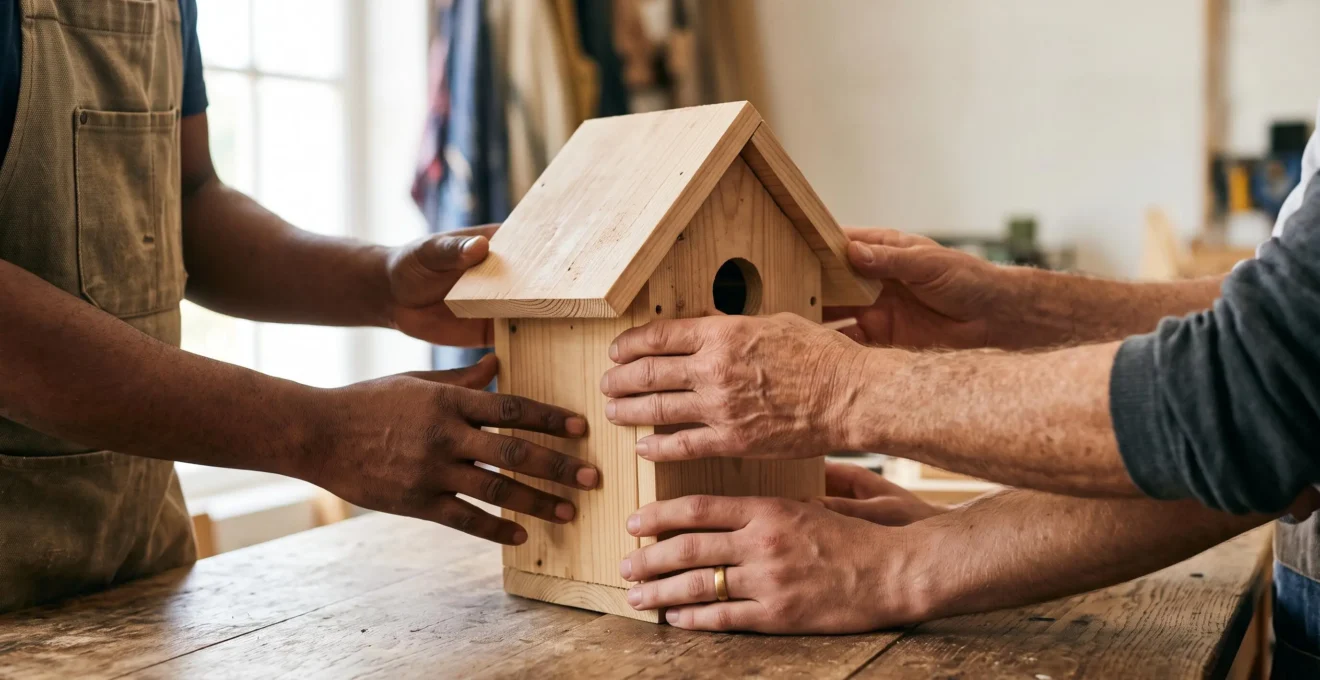 Plusieurs mains de générations et origines différentes assemblant délicatement une petite structure en bois, symbolisant un projet modeste soutenu collectivement