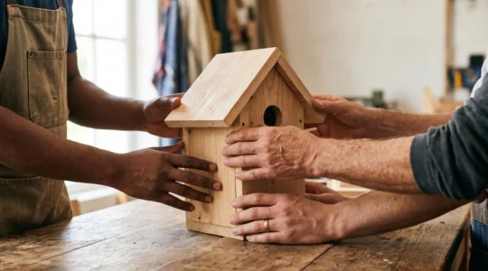Plusieurs mains de générations et origines différentes assemblant délicatement une petite structure en bois, symbolisant un projet modeste soutenu collectivement