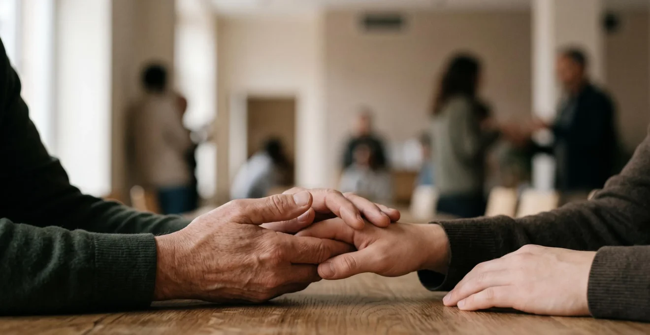Deux mains qui se rejoignent dans un geste de soutien, symbolisant l'aide solidaire et le lien humain