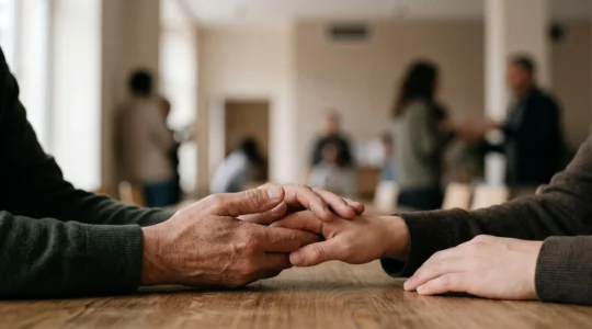 Deux mains qui se rejoignent dans un geste de soutien, symbolisant l'aide solidaire et le lien humain