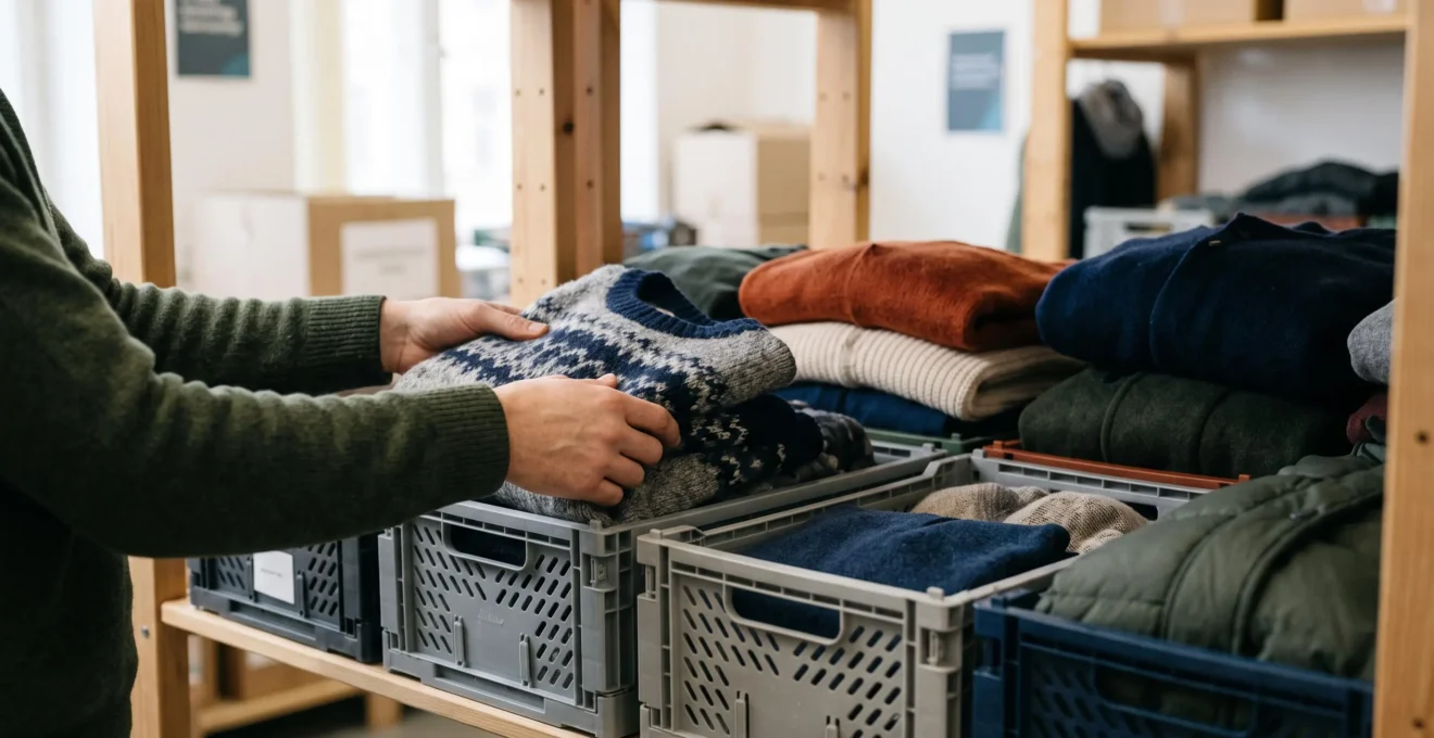 Mains bénévoles triant avec soin des vêtements pliés dans des caisses ajourées étiquetées, symbole d'une collecte solidaire organisée