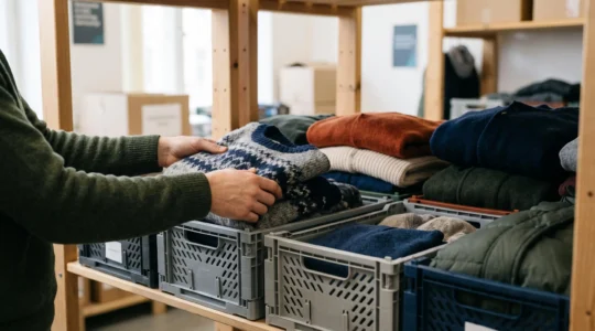 Mains bénévoles triant avec soin des vêtements pliés dans des caisses ajourées étiquetées, symbole d'une collecte solidaire organisée