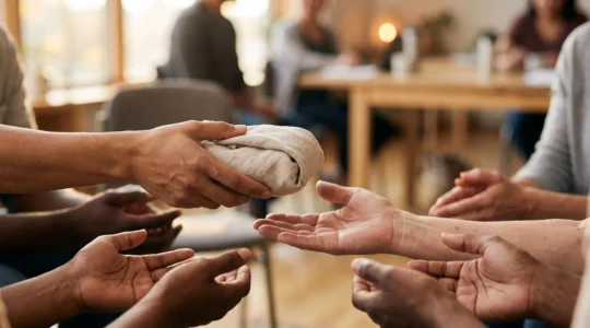 Photographie éditoriale montrant un moment de transmission et de partage entre plusieurs mains, symbolisant une intervention pédagogique qui déclenche un geste solidaire