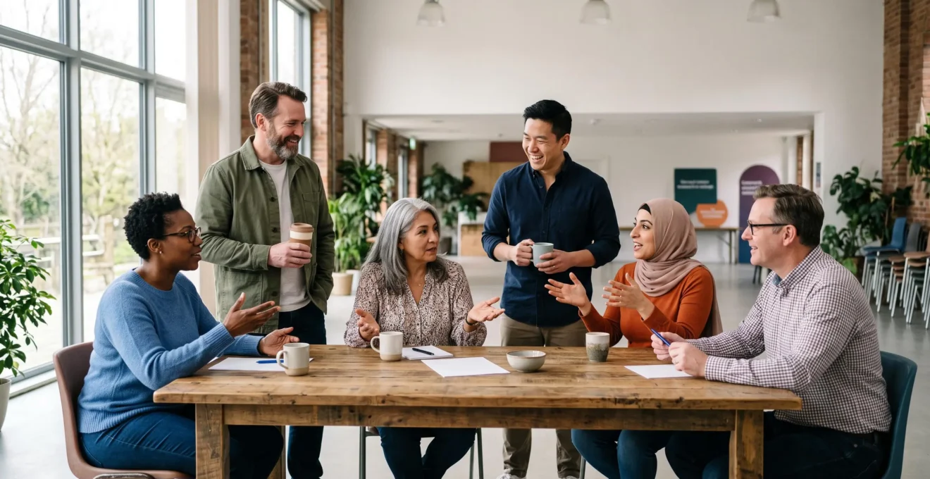 Cercle de bénévoles divers réunis autour d'une table en bois dans un espace lumineux et ouvert, incarnant une organisation collective horizontale