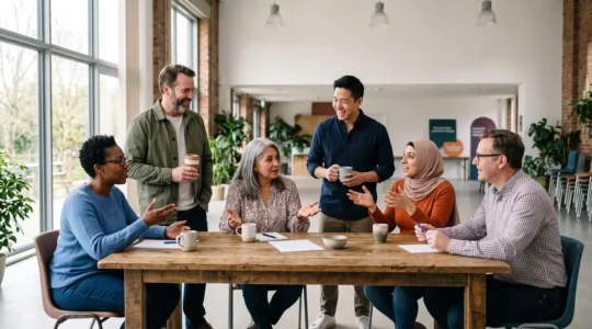 Cercle de bénévoles divers réunis autour d'une table en bois dans un espace lumineux et ouvert, incarnant une organisation collective horizontale