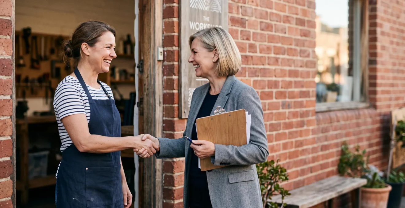 Poignée de main chaleureuse entre un dirigeant de PME et une responsable associative devant un atelier local