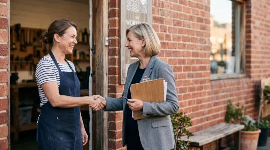 Poignée de main chaleureuse entre un dirigeant de PME et une responsable associative devant un atelier local