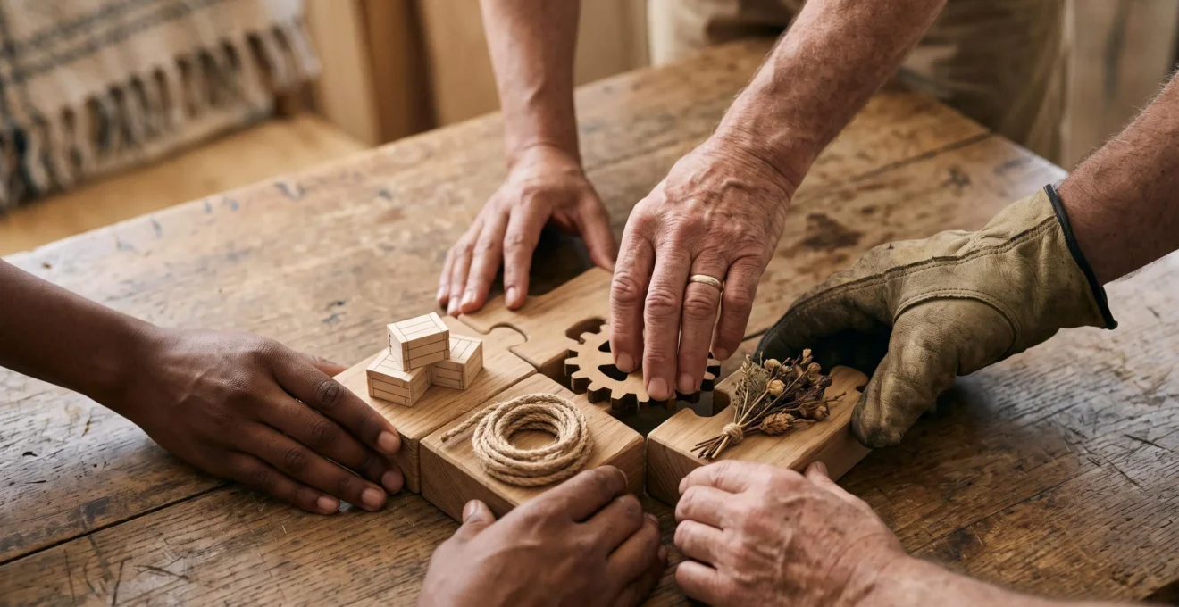Plusieurs mains de bénévoles d'âges et d'origines différentes assemblant ensemble des pièces complémentaires autour d'une table en bois, symbolisant un réseau associatif local qui mutualise ses moyens