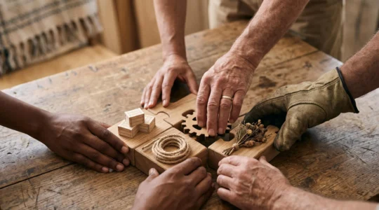 Plusieurs mains de bénévoles d'âges et d'origines différentes assemblant ensemble des pièces complémentaires autour d'une table en bois, symbolisant un réseau associatif local qui mutualise ses moyens