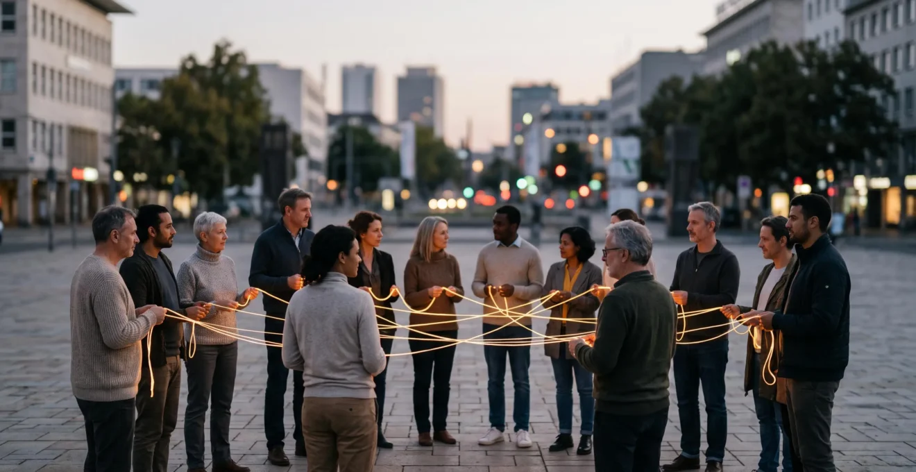 Silhouettes de citoyens reliées par des fils de lumière symbolisant l'interdépendance collective, vue en légère plongée sur une place publique