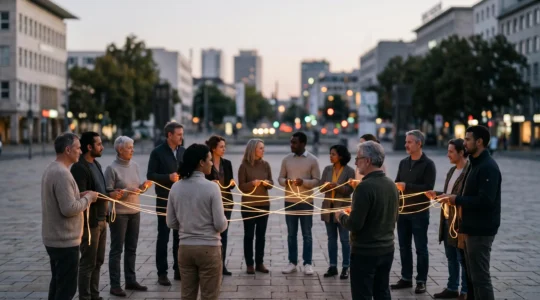 Silhouettes de citoyens reliées par des fils de lumière symbolisant l'interdépendance collective, vue en légère plongée sur une place publique