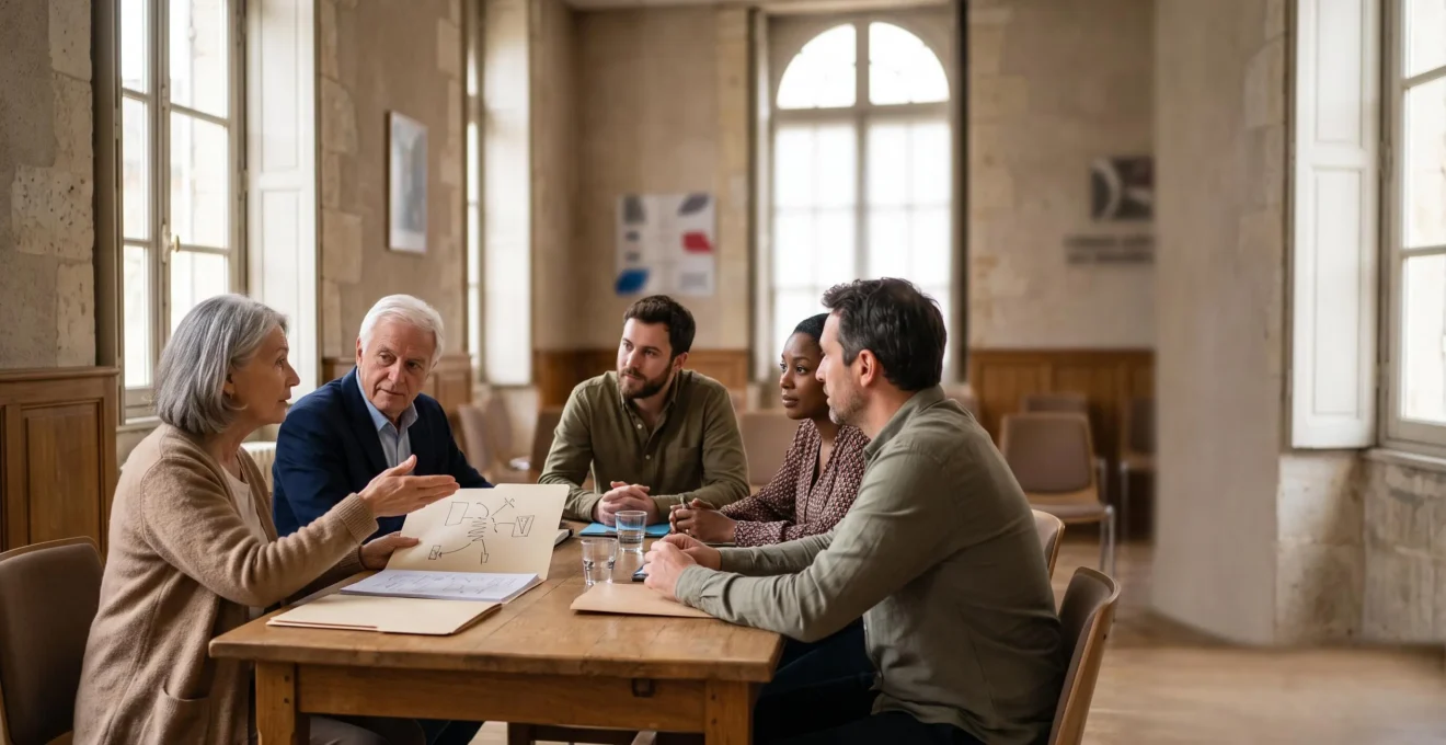 Bénévoles et élu local échangeant autour d'un projet associatif dans une salle municipale lumineuse