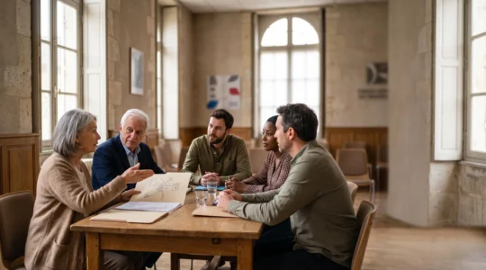 Bénévoles et élu local échangeant autour d'un projet associatif dans une salle municipale lumineuse