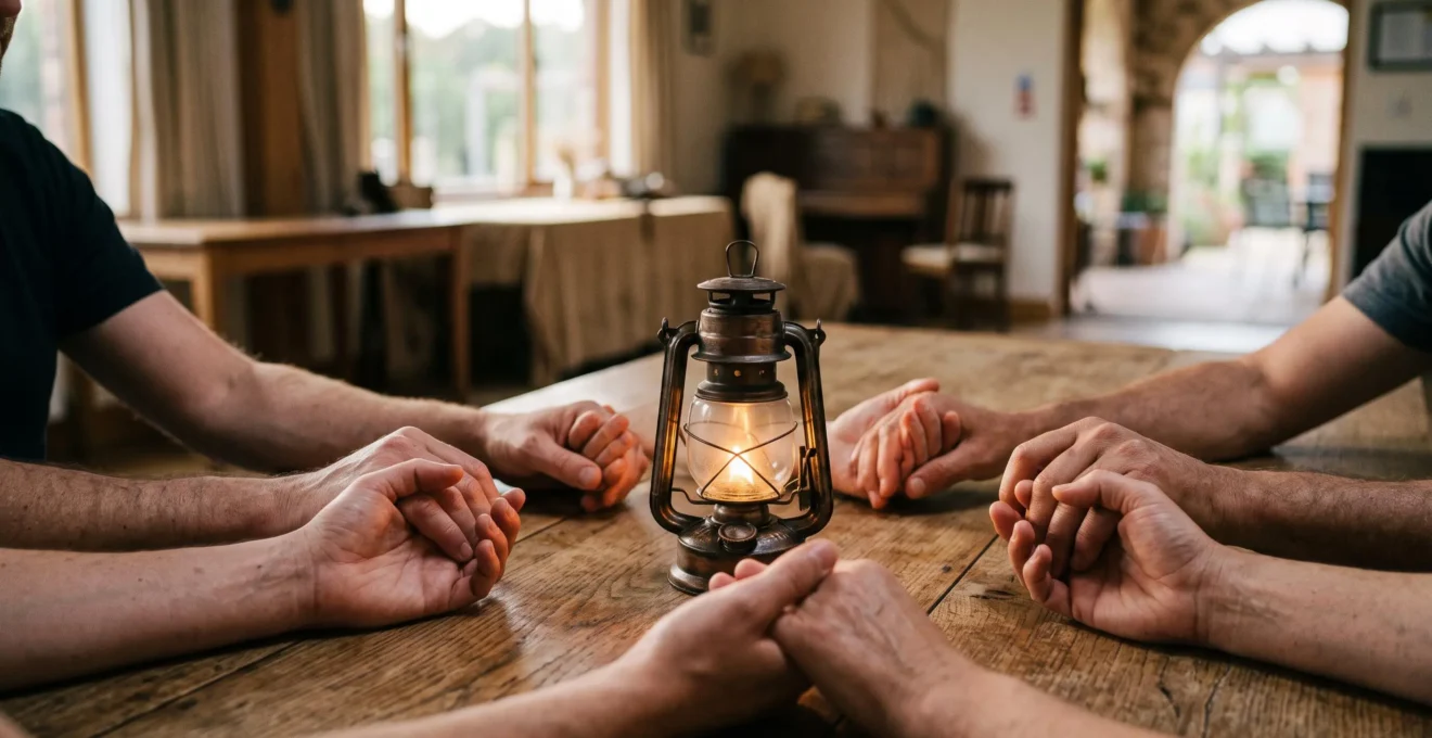 Mains de plusieurs bénévoles de générations différentes réunies autour d'une lanterne allumée, symbole de la valeur du temps donné