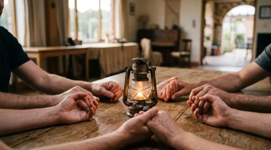 Mains de plusieurs bénévoles de générations différentes réunies autour d'une lanterne allumée, symbole de la valeur du temps donné