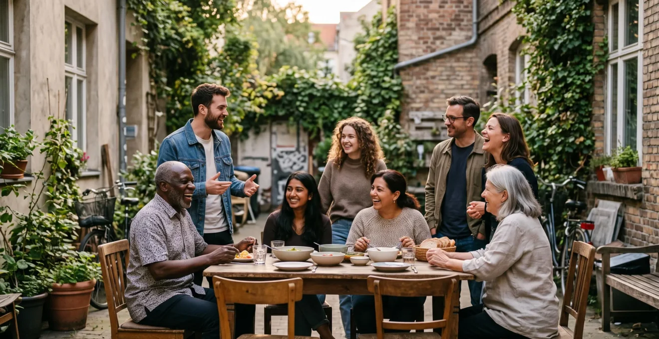 Groupe de personnes d'ages et d'origines varies partageant un moment convivial dans un espace commun exterieur