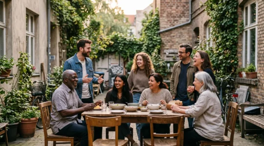 Groupe de personnes d'ages et d'origines varies partageant un moment convivial dans un espace commun exterieur
