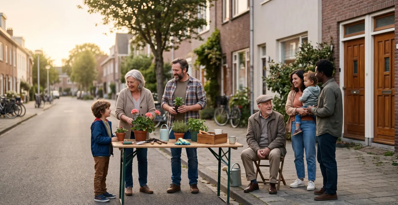 Des habitants de générations et d'origines différentes se retrouvent et échangent spontanément dans une rue de quartier au coucher du soleil
