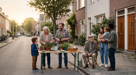 Des habitants de générations et d'origines différentes se retrouvent et échangent spontanément dans une rue de quartier au coucher du soleil
