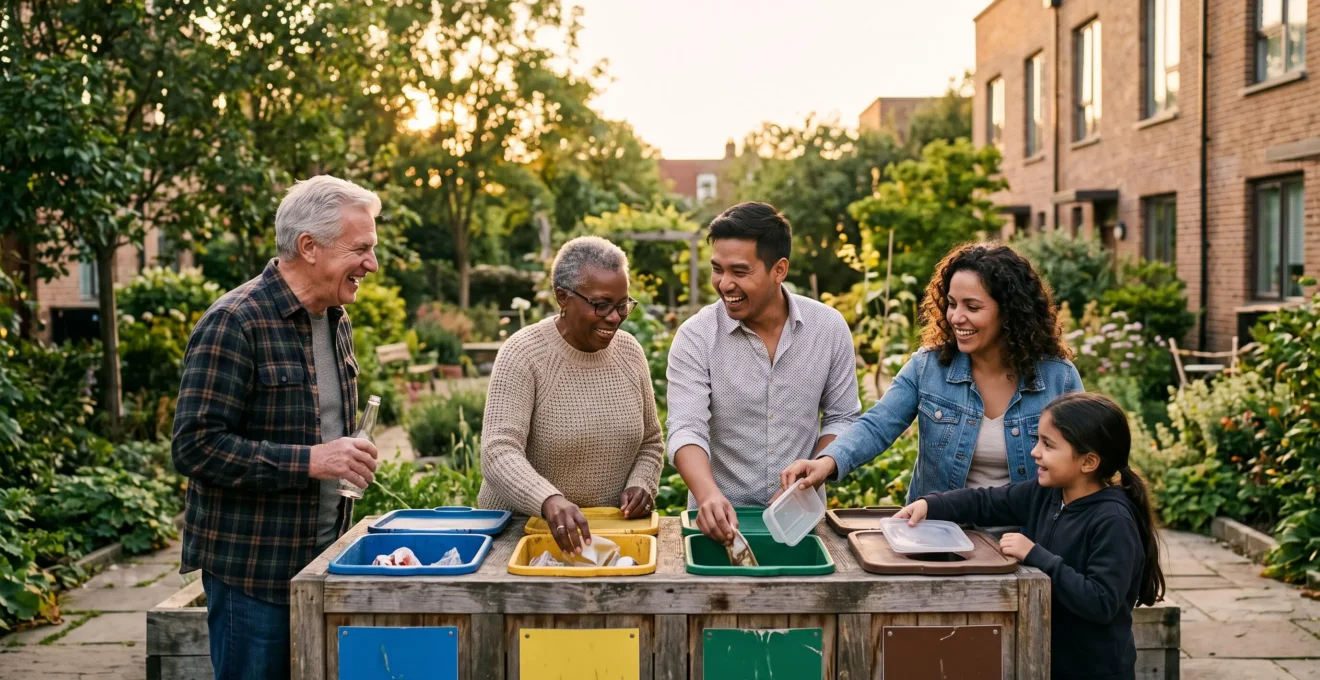 Un groupe d'habitants divers d'un quartier collaborant joyeusement autour d'un point de collecte de recyclage partagé