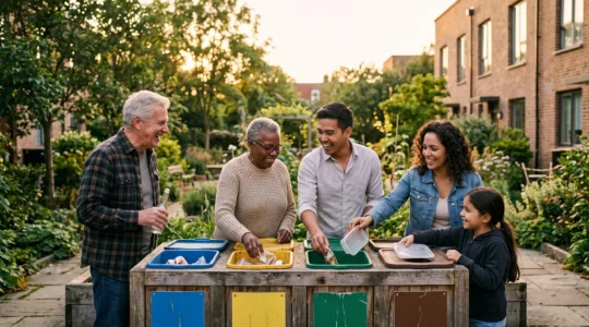 Un groupe d'habitants divers d'un quartier collaborant joyeusement autour d'un point de collecte de recyclage partagé
