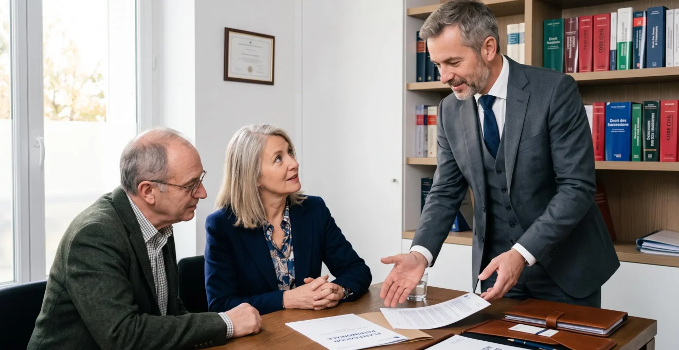 Conseiller en gestion de patrimoine expliquant des stratégies de transmission à des clients dans un bureau professionnel français