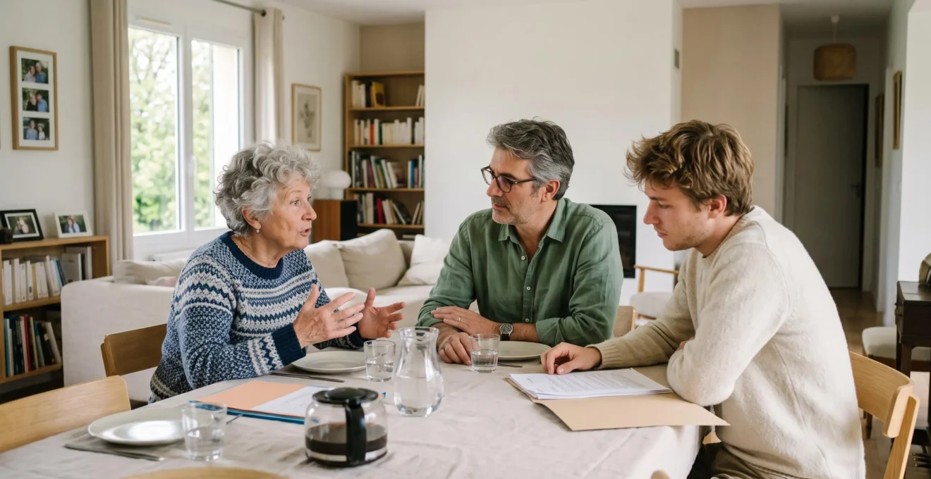 Trois générations d'une famille française réunies autour d'une table dans un intérieur domestique chaleureux