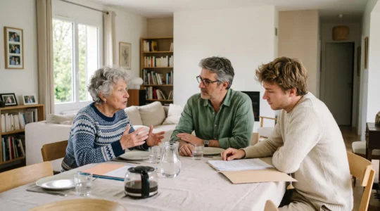 Trois générations d'une famille française réunies autour d'une table dans un intérieur domestique chaleureux