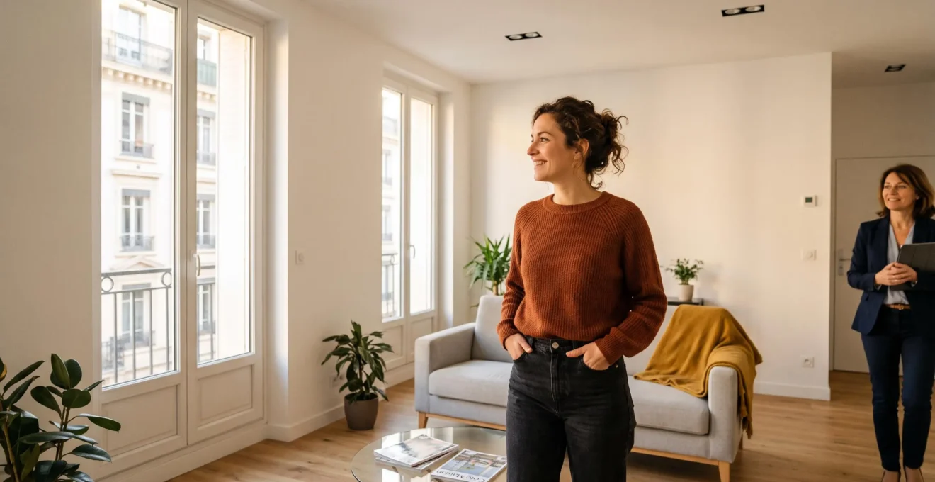 Jeune adulte visitant un appartement lumineux en France dans le cadre d'un projet d'acquisition immobilière